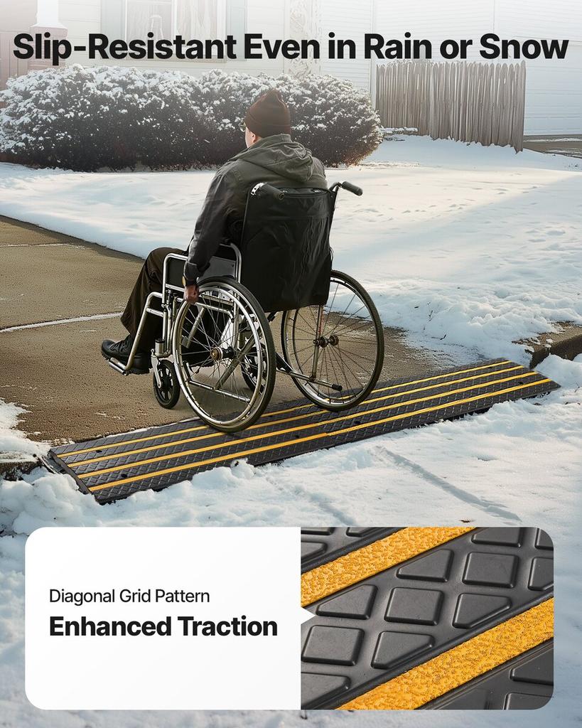 Car Driveway Rubber Curb Ramp, 15 Tons Load Capacity, 66 mm Rise Curbside Bridge Ramp with Yellow Reflective Strips, Suitable for Loading Dock,