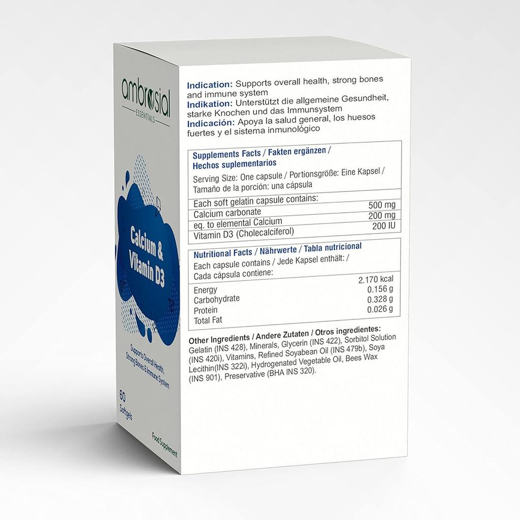 Таблетки AMBROSIAL с кальцием и витамином D3 Высокоэффективные таблетки с кальцием для женщин и мужчин Добавки с кальцием (Упаковка из 1-60 мягких капсул)