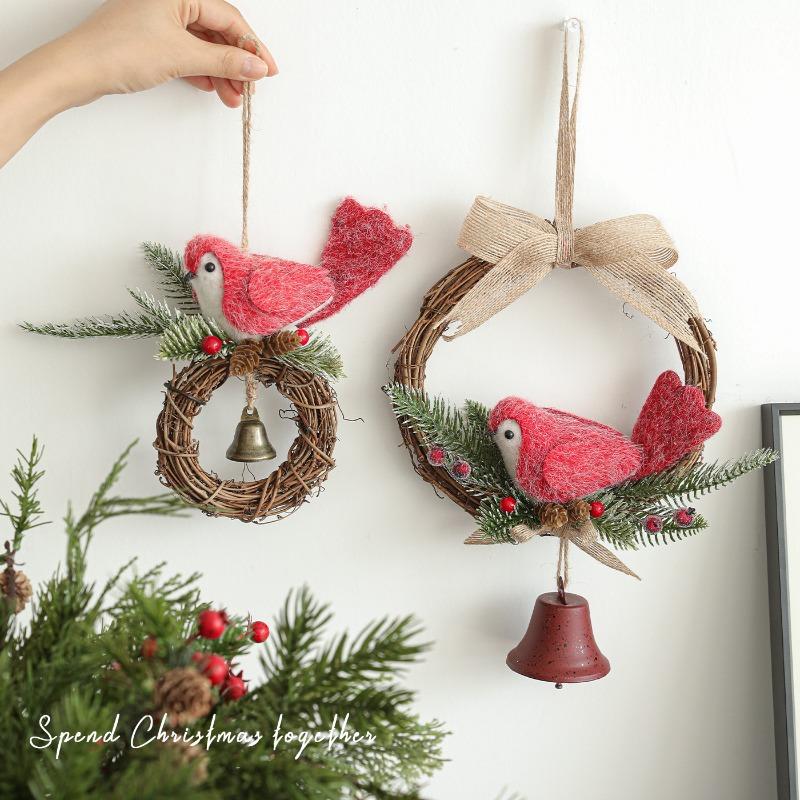 Fabric Christmas Bird Wreath Bell Pendant Pendant Door Hanging Wall Hanging Wood Simulation Decoration Pendant