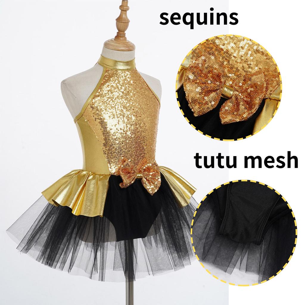 Детское танцевальное платье для девочек без рукавов с круглым вырезом, сверкающими пайетками, бантом, декорированными бретельками, открытой спиной, сетчатой пачкой