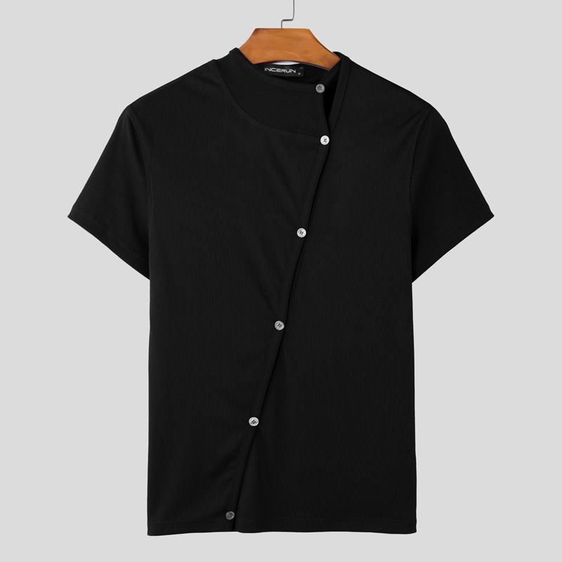 INCERUN Летние мужские повседневные футболки с воротником-стойкой и короткими рукавами с боковыми пуговицами в рубчик
