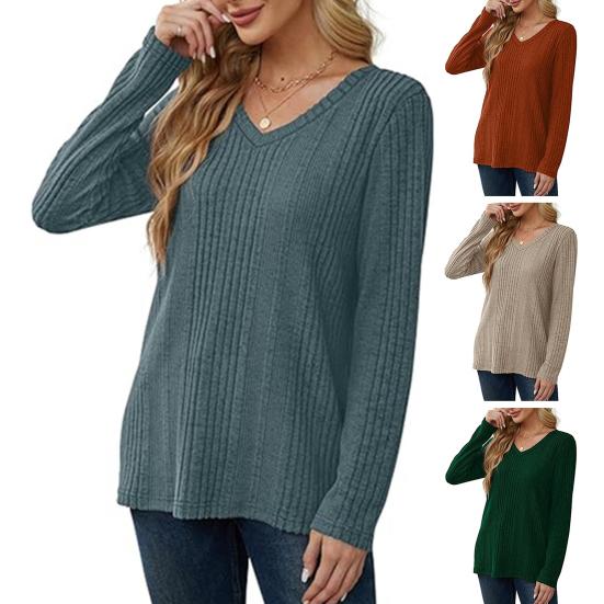 Женская туника-свитер с V-образным вырезом и длинным рукавом, однотонная, ребристая, повседневная, облегающая, трикотажная