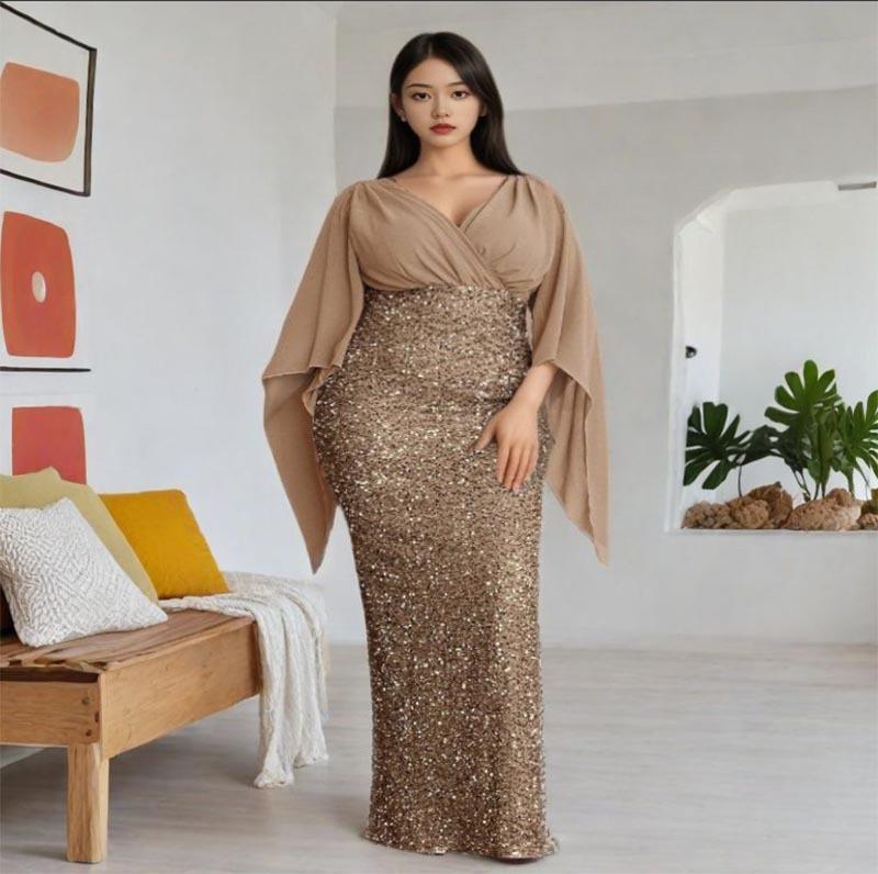 «2025 Элегантное вечернее платье из шифона с V-образным вырезом и пайетками»
