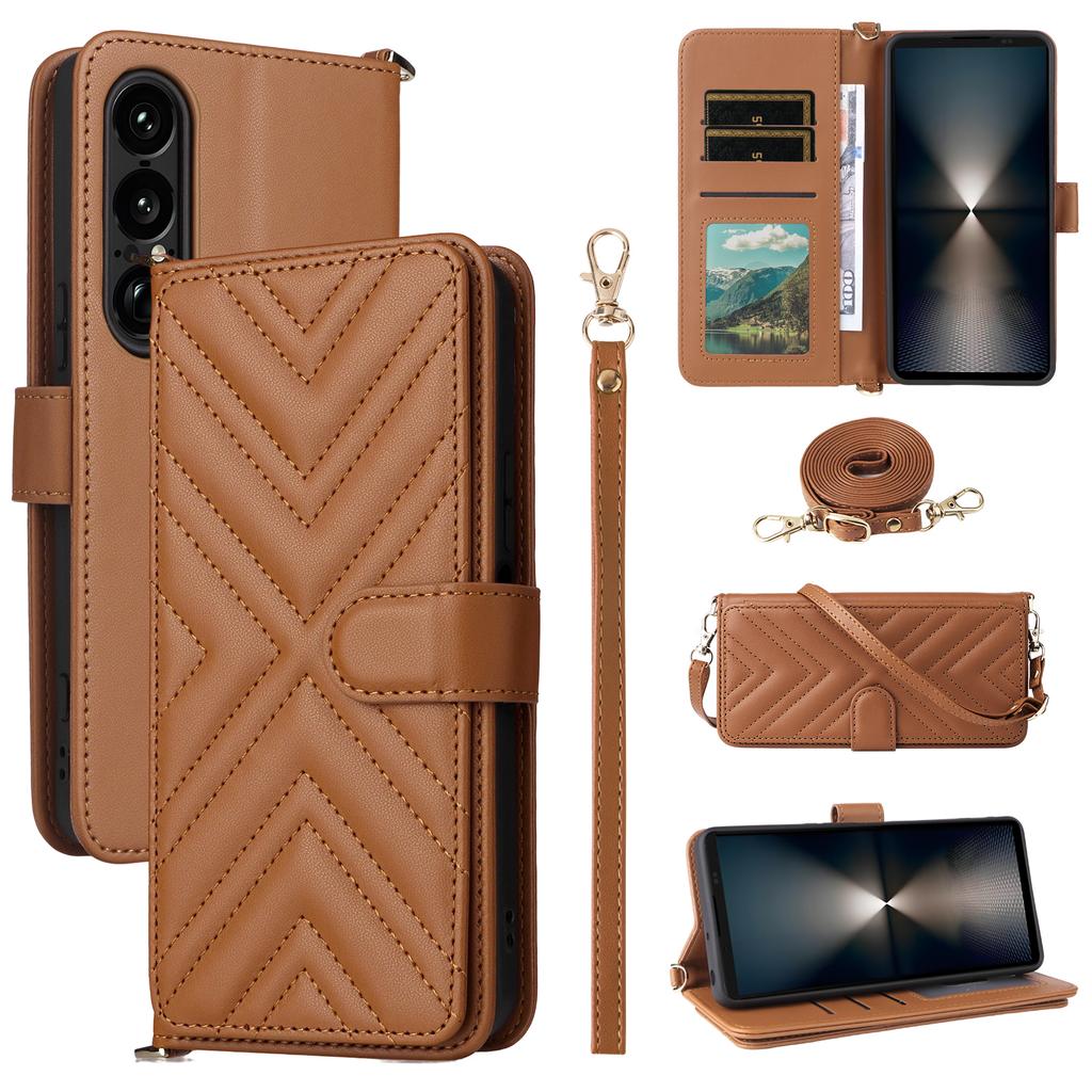 For Sony Xperia 1 VII Wallet Case with Shoulder/Wrist Strap Leather Phone Cover Stand