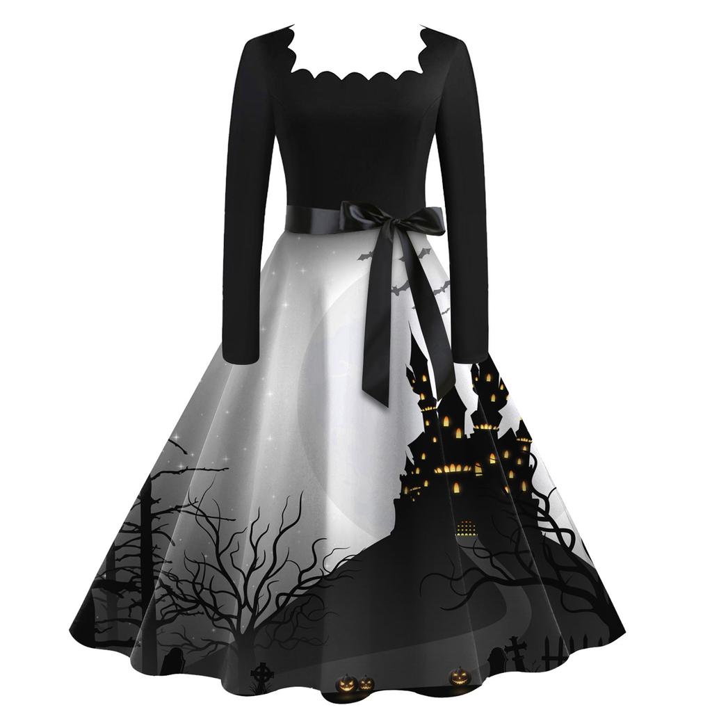 Женские повседневные модные платья с квадратным вырезом и длинным рукавом на Хэллоуин с принтом в винтажном стиле