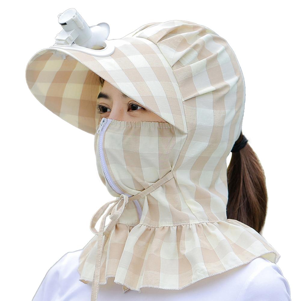 Women Summer Sun Hat Face-covering Neck Protective Windproof Sunshade Sunscreen Striped Hat With Fan