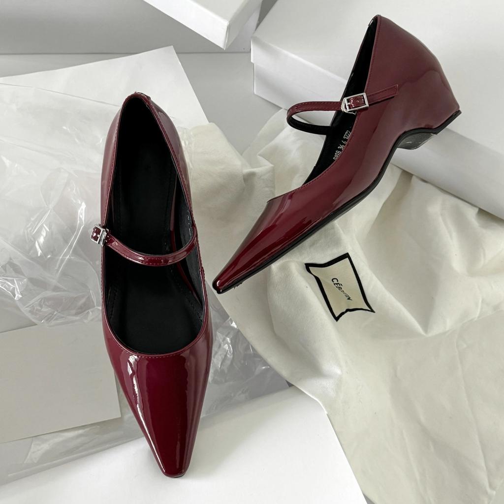 Sheepskin~ French One-word Buckle with Thick Heel Inner Height Increase Mary Jane Shoes Women's Pointed Single Shoes Light Mouth Commuter High Heels