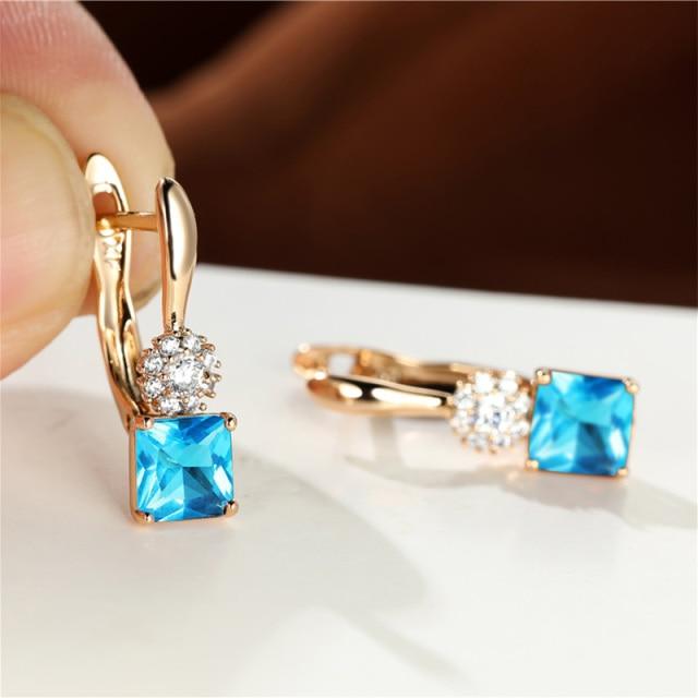 Small Square Stone Rainbow Zircon Earrings Dainty Rose Gold Color Wedding Earrings Female Luxury Crystal Hoop Earrings For Women