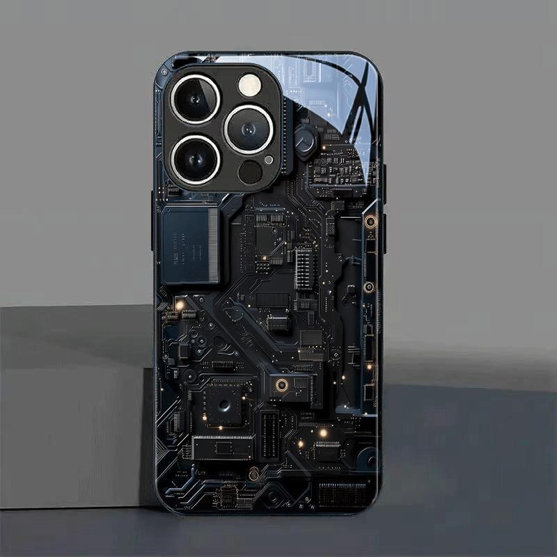 Черный Крутой Чехол для Телефона из Стекла с Рисунком Печатной Платы Для iPhone 17 Pro Max 16 15 14 13 12 11 Pro 16E 17Air 7 8 Plus XR XS X Чехол