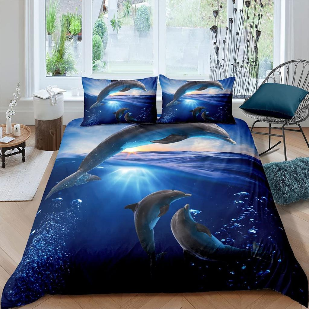 Dolphin Duvet Cover Set Cute Kawaii Wild Animals King Queen Full Size Polyester Bedding Set For Boys Girls Comforter Cover