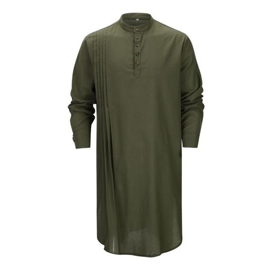 Men's Cotton Linen Kaftan Long Sleeve O-Neck Robe Solid Color Button-up Collar Thobe Breathable