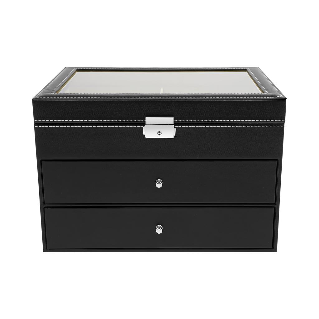 Витрина для очков, 24 отделения с замком, 3-ярусный органайзер для хранения ювелирных изделий с верхом из стекла для солнцезащитных очков, часов, серег