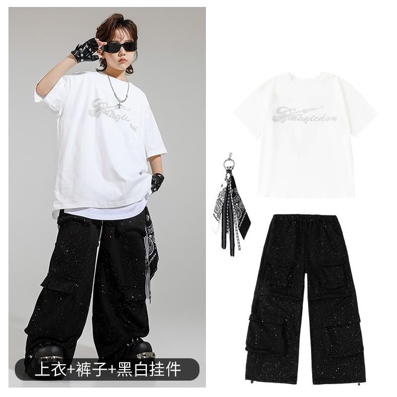 Kids Hip Hop Dance Outfit Set Boys Girls Streetwear Performance Costume Short Sleeve Cotton