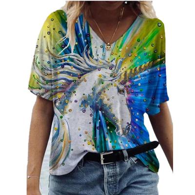 Модные весенние разноцветные принтованные блузки с коротким рукавом и V-образным вырезом футболки повседневные