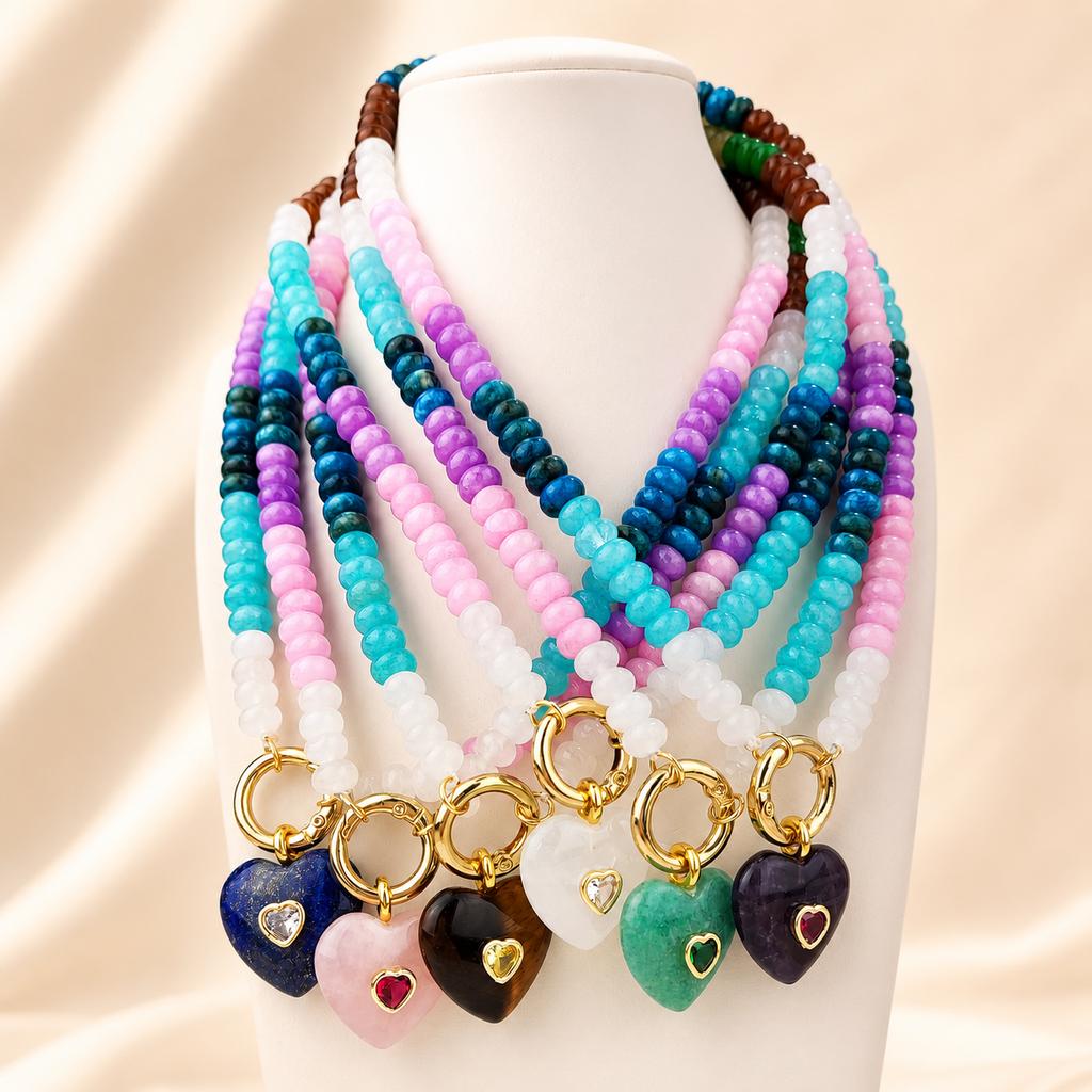 Trendy Summer Dopamine Colorful Heart Charm with Zircon Handmade Beaded Natural Stone 18K Gold Plated Necklace Gift for Women