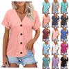 Women's Fashion Short-sleeved V-neck Solid Color Top Casual Button T-shirt