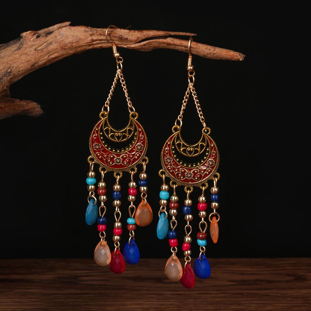 Bohemian Water Drop Bead Fringed Earrings, Premium Long Crystal Earrings, Ethnic Style Retro Personality Versatile Ear Hooks