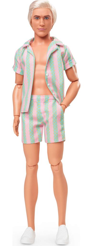 Barbie Movie Ken Doll Pastel Pink and Green Striped Beach Matching Set with Surfboard and White Sneakers