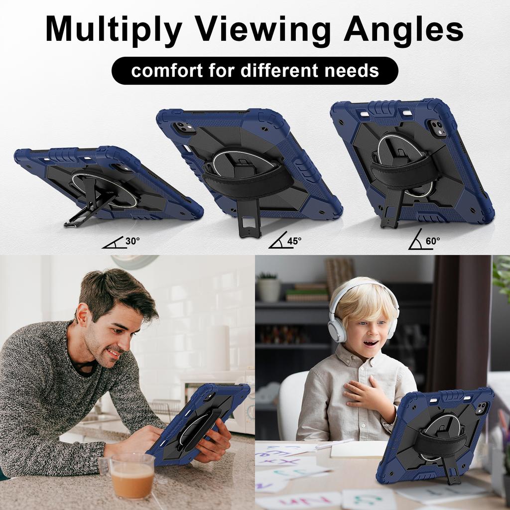 For iPad Pro 11 (2024) Case Kickstand Silicone+PC Tablet Cover with Shoulder Strap