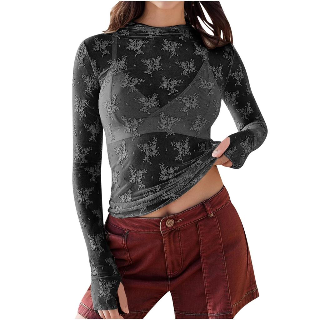 Прозрачные топы с длинным рукавом для женщин, сексуальные сетчатые рубашки, кружевные блузки с цветочной вышивкой и воротником-стойкой