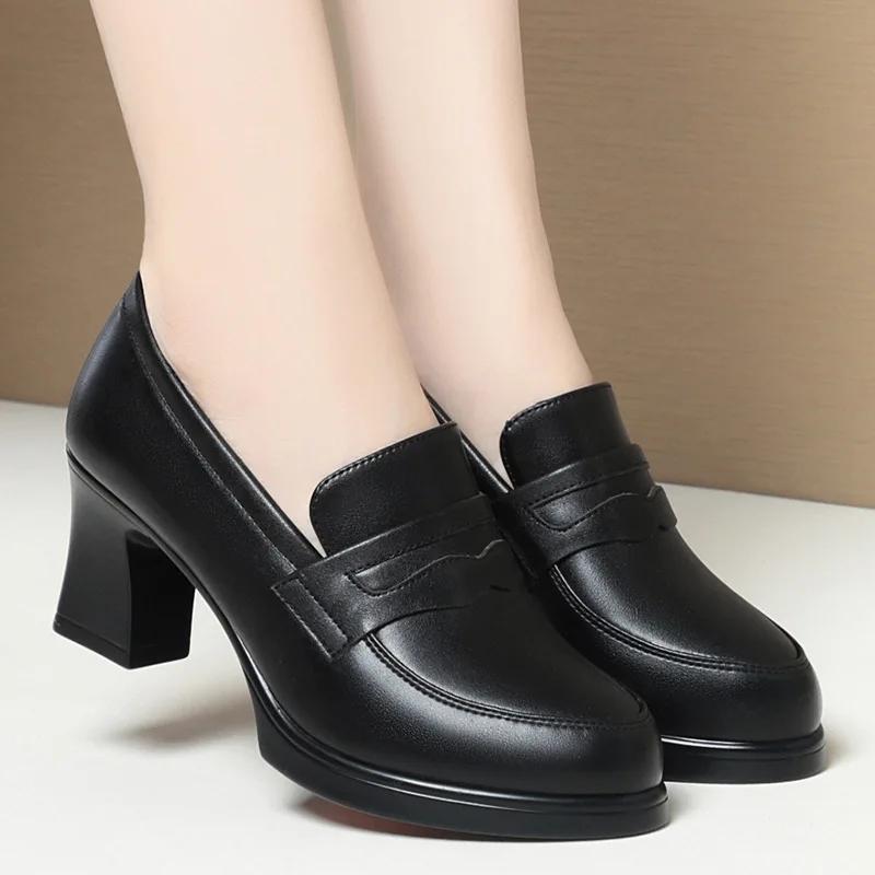 Fashion High Heels for Women 2025 Spring Slip On Pointed Toe Platform Heels Chunky Loafers Woman Black PU Leather Uniform College Shoes
