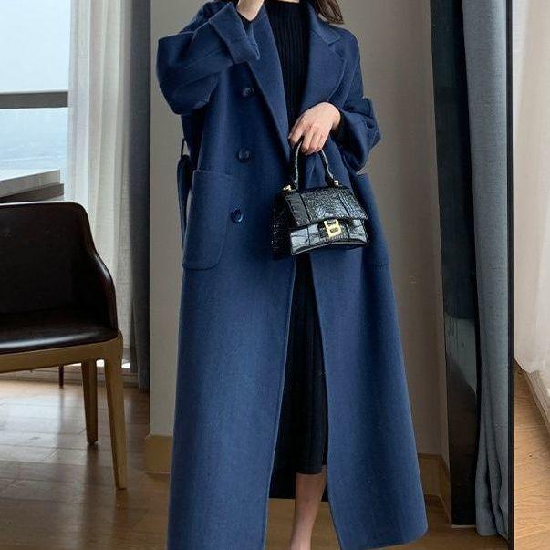 Women's Dark Blue Long Coat with Black Top, Elegant Outerwear for Casual and Office Wear
