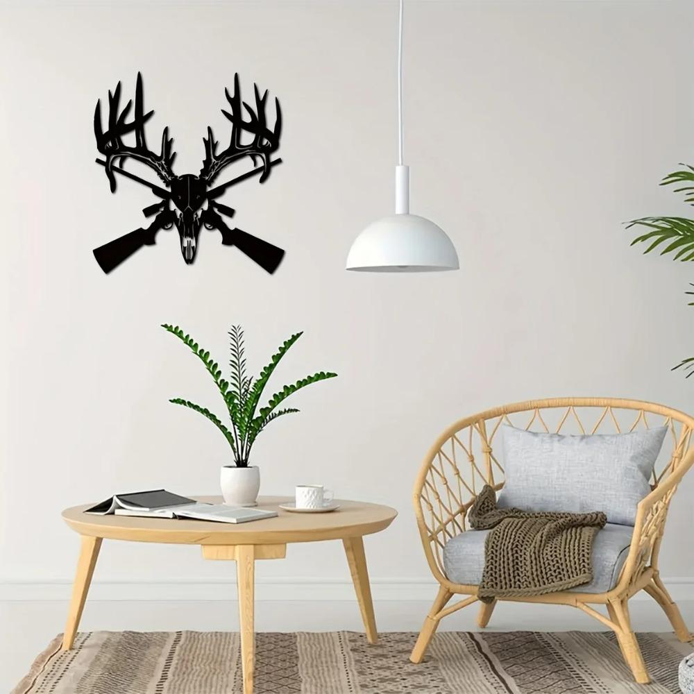 1 шт. Металлический знак «Олень с черепом и пистолетом» — стильный декор для мужской пещеры и гаража, охотничья тематика, металлическое искусство, идеальный подарок для него