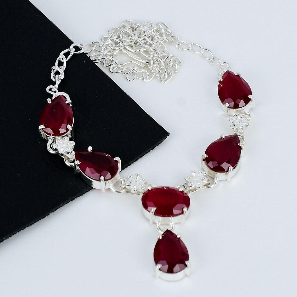 Красный Рубин Драгоценный Камень Ожерелье Ручной Работы Стерлингового Серебра 925 Красный Рубин Драгоценный Камень Ювелирное Ожерелье Для Женщин Подарки на День Святого Валентина Для Женщин