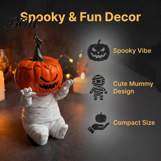 Holiday Gift for Friends Pumpkin Head Mummy Statue, Funny Halloween Decorations, Cute Sitting Desktop Resin Figurines Figurine Shelf Sitter