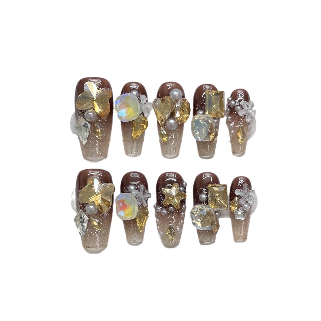 Искусственные ногти ручной работы Карамельные полные бриллианты Янтарное пятно Роскошное сердце с бриллиантами Осенние ногти для фототерапии Многоразовые и съемные ногти