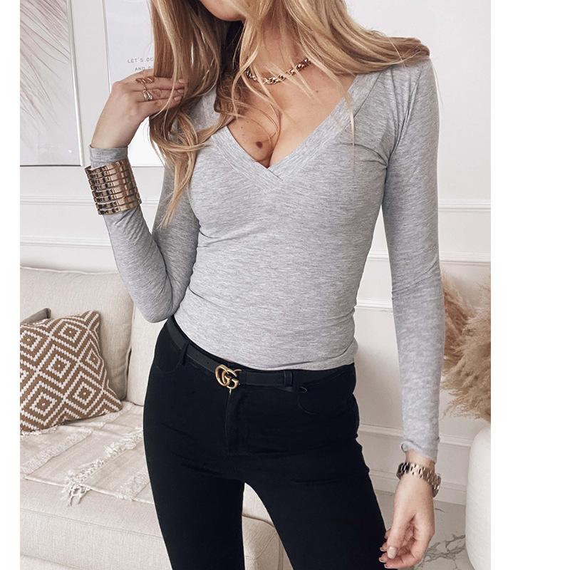 Осенняя женская модная однотонная футболка с V-образным вырезом и длинными рукавами