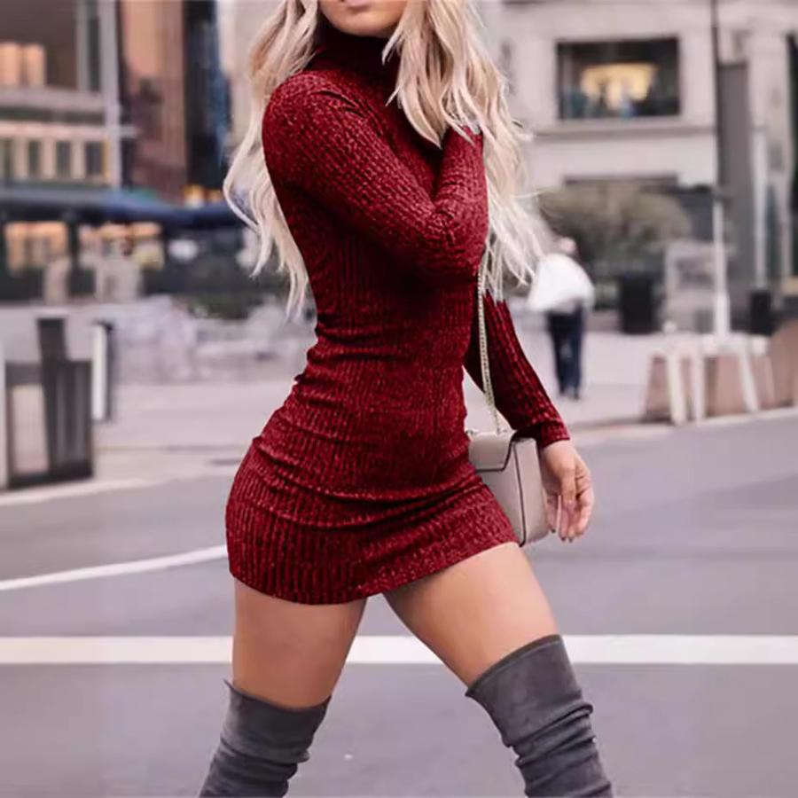 Зимнее женское платье-боди с высоким воротом и длинными рукавами, вязаное, сексуальное облегающее платье-свитер для женщин