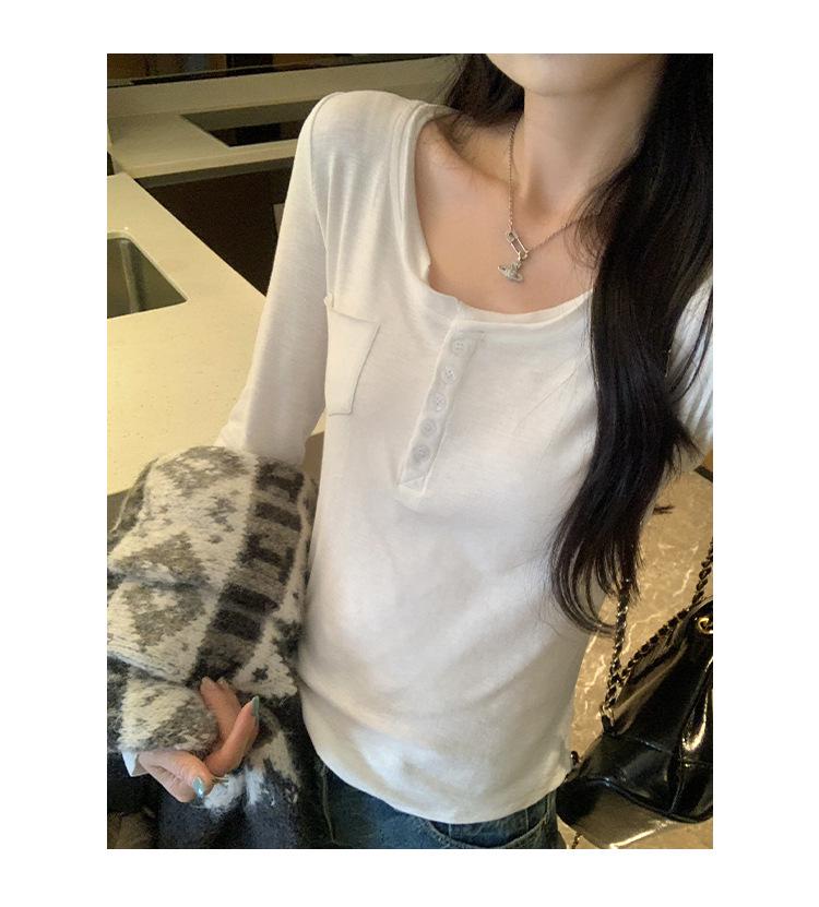 Нежная белая футболка-henley с длинным рукавом, женская, приталенная, для осени/зимы, новый корейский стиль.