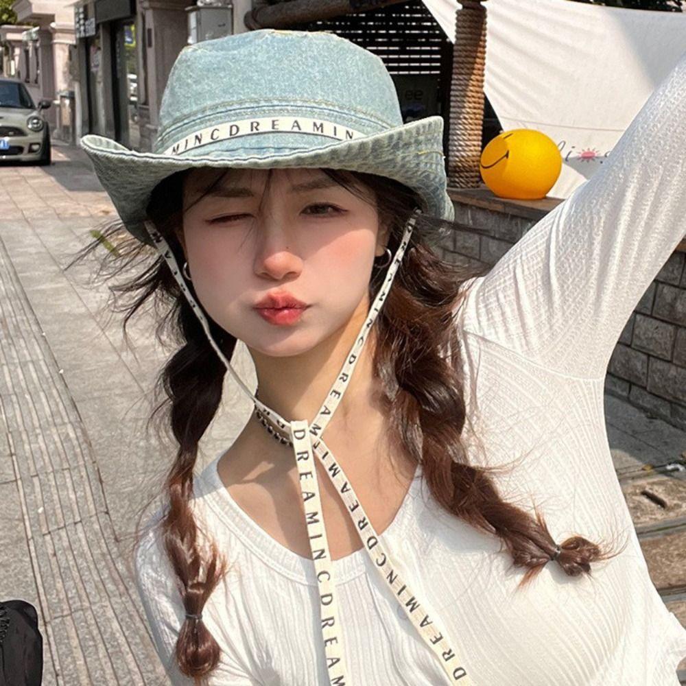 Letter Jeans Fisherman Hat Big Brimmed Sunscreen Hat Casual Denim Bucket Hat Travel