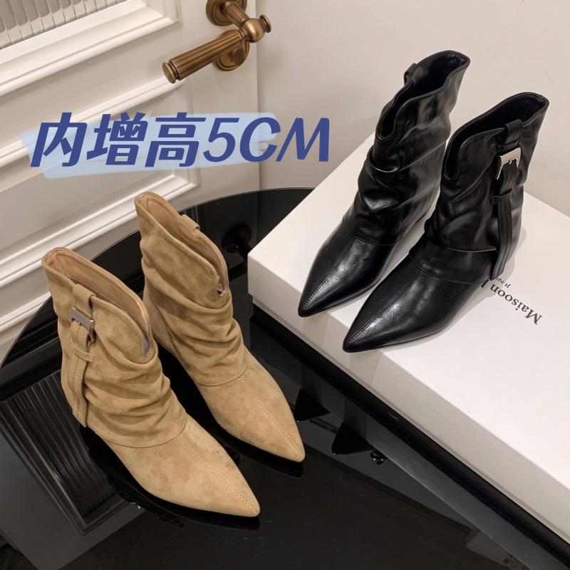 Pleated Pile Short Boots Women's Suede Pointed Head Belt Buckle Short Women's Boots Autumn and Winter Skinny Versatile Boots