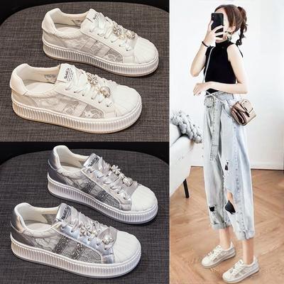 Дышащие белые туфли для женщин, летние толстые дышащие туфли, новые повседневные кроссовки