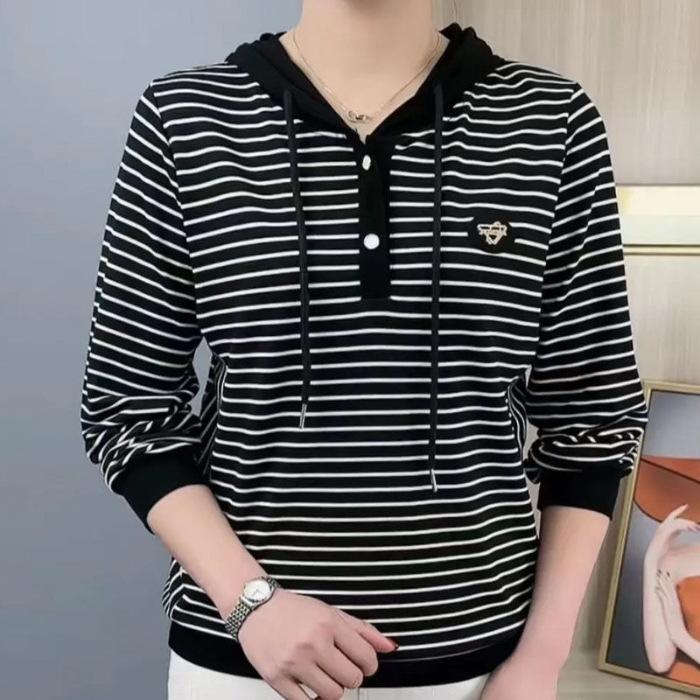 YYFS Женская модная повседневная весенне-осенняя блузка с капюшоном и длинным рукавом с полосатым принтом