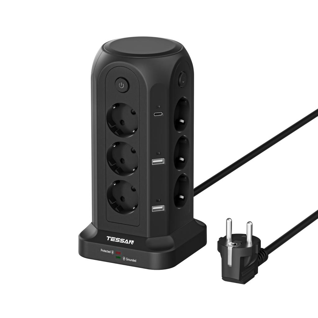 Tessan 8-контактная розетка Tower, многофункциональный удлинитель, вертикальный удлинитель 2 м, вилка европейского стандарта с 3 USB-переключателями для защиты от перенапряжения