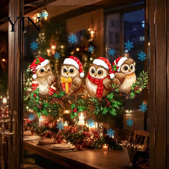 Window Glass Art 1/2 Sheets Christmas Cartoon Owl Cling, Standing on Branch Bird Theme Stickers Static Sticker, Removable Waterproof Decal,