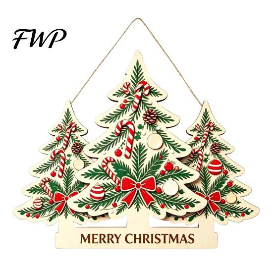 Winter Festive Home Decorations Christmas Wooden Sign Hanging Ornament, Multi-Layer Tree Wood Plaque Handcrafted Holiday Decor with Rope, Merry