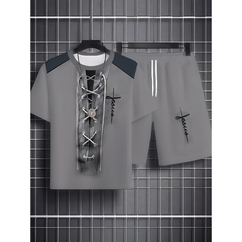 Стильный мужской комплект с принтом, свободная футболка и шорты для шопинга и путешествий PLUS SIZE