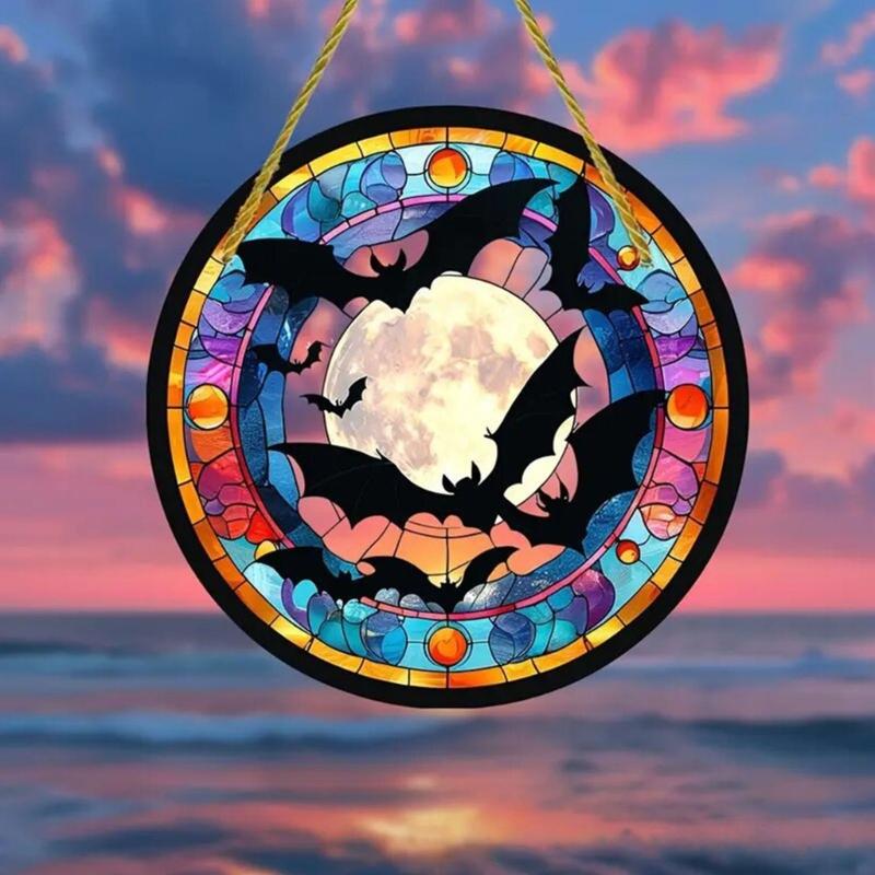  Halloween Bat Stained Glass Suncatchers Window Hangings Colorful Glass Panel Wall Art Decors Housewarmings Gift