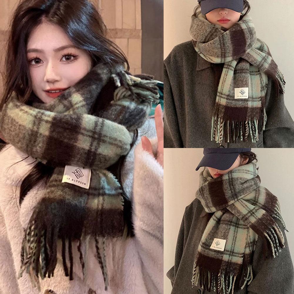 Vintage Warm Winter Cashmere Scarf Mohair Plaid Long Wrap Thickened Soft Thickened Scarves Tass H2X0