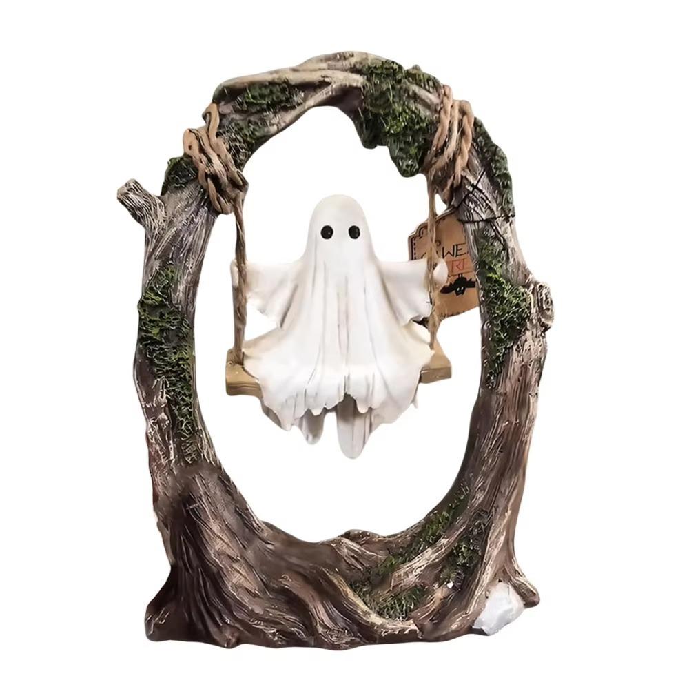 High-Quality Spooky Halloween Ghost on Tree Swing Resin Cute Halloween Ornament Handcrafted Funny Ghost Decor Halloween Party