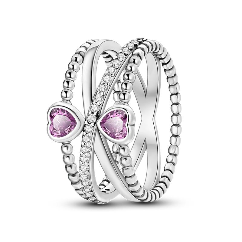 Charms Spring 925 Silver Color Rings Pink Heart Shaped Zircon Cat Rings for Woman Fine Romantic Wedding Engagement Jewelry Gifts