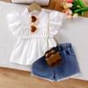 Children's Fashion Suit Summer Girls Flying Sleeve Lace Collar Top Denim Lace Shorts Two-piece Suit