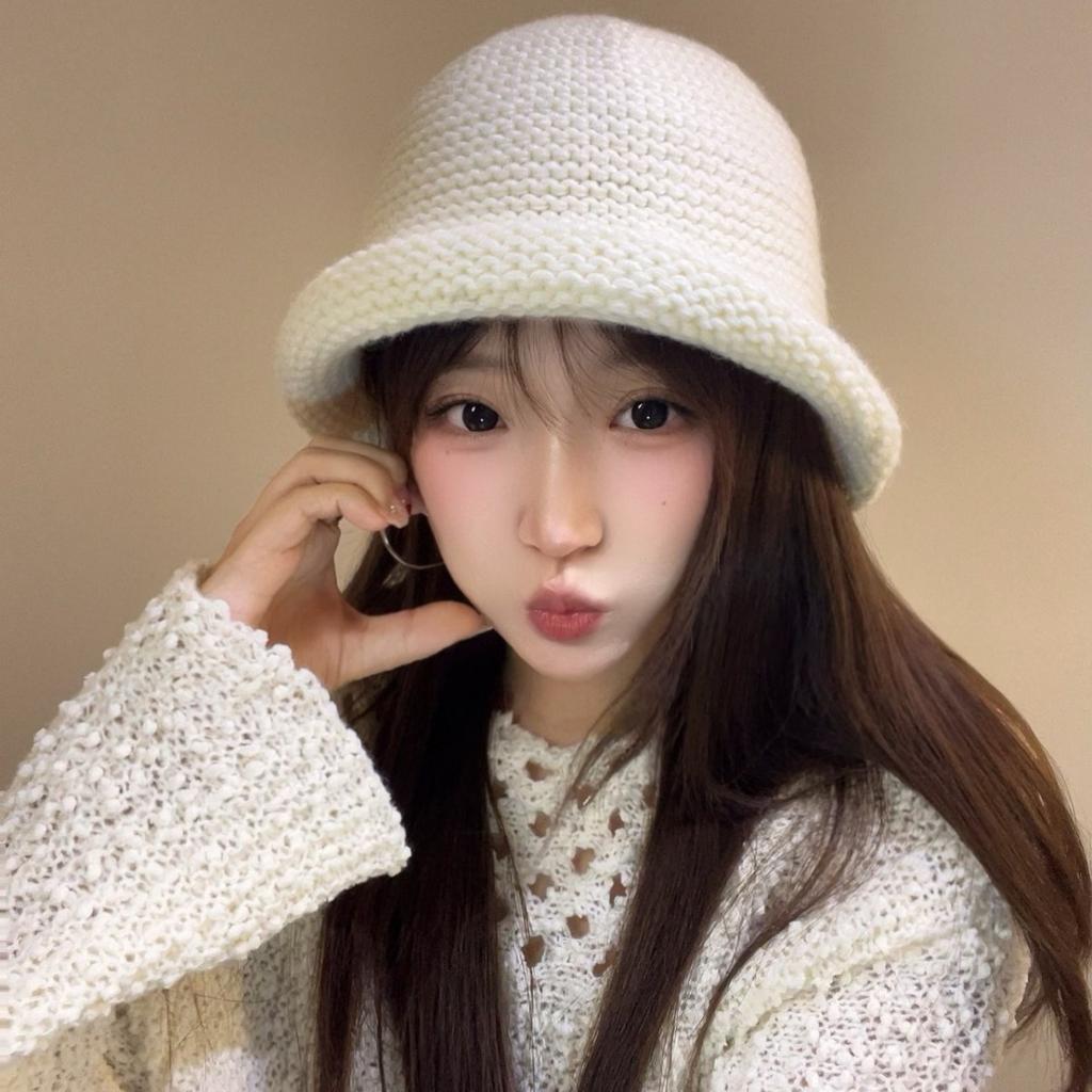 Autumn and winter cute coarse wool crimped bucket hat wool blended casual big head circumference knitted basin hat women