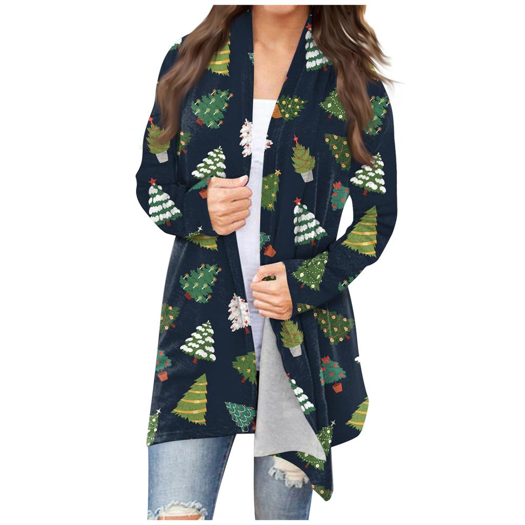 Women's Fashion Casual Christmas Print Medium Length Cardigan Jacket Coat