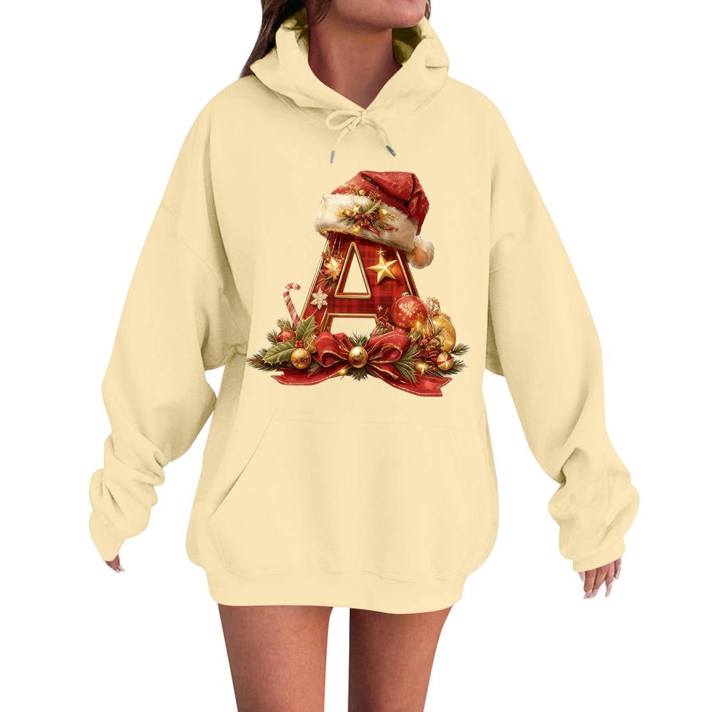 Women's Casual Comfortable Long-Sleeved Christmas Letter-Printed Warm Hooded Crew-Neck Sweatshirt