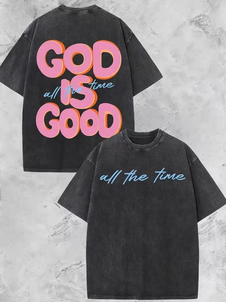Vintage Washed God Is Good Pink Heart Graphic Women T-Shirt, Minimalist Christian Faith Casual Short Sleeve Top Women's T-shirt